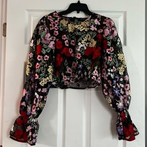 Floral embroidery sheer bell sleeve top